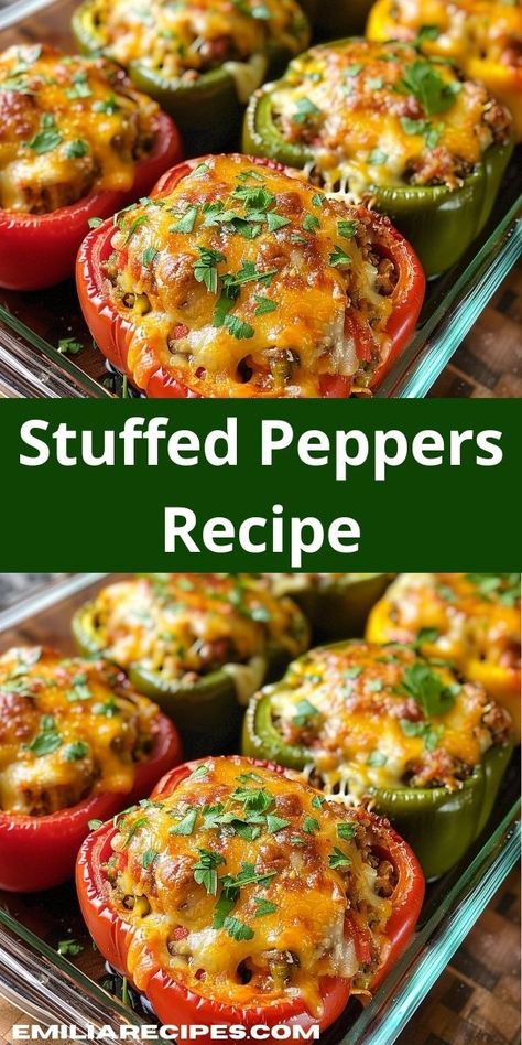 Searching for easy ground beef recipes? Try our Stuffed Peppers Recipe! This ground beef recipe for dinner combines beef, rice, and spices in bell peppers, creating a delicious and easy meal. Stuffed Bell Peppers Ground Beef, Classic Stuffed Peppers Recipe, Baked Stuffed Peppers, Easy Stuffed Pepper Recipe, Stuffed Peppers With Rice, Vegetarian Stuffed Peppers, Easy Stuffed Peppers, Stuffed Peppers Recipe, Ground Beef Recipe