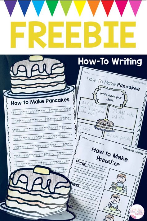 Are you teaching how-to/procedure writing to little learners, such as Kindergarten, First Grade, or Second Grade students? If so, you'll love this procedural writing freebie! These free activities are no prep for your Literacy lessons, Literacy Centers, or Writer's Workshop. There is a planning page, worksheet, writing craft, and flip book all about How To Make Pancakes. There are also sequencing cards. Your students will love the engaging flipbook and craftivity the most. Grab these printables! Writing Lessons For Second Grade, Personal Narrative 2nd Grade, The Writing Process Free Printable, Narrative Writing Second Grade, How To Teach Narrative Writing 1st Grade, Writing Prompts For First Grade Free, Procedure Writing, Make Pancakes, Second Grade Writing