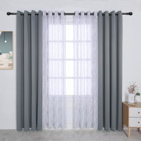 PRICES MAY VARY. Polyester WHAT'S IN THE PACKAGE?: Each set includes 2 pieces branch print sheer curtain and 2 pieces blackout curtains. Each curtain panel measures 54 wide by 108 inch long and finished with 8 grommets with 1.6 inch diameter that fits well with standard curtain rods, making them easy to install and move along the pole. PREMIUM BLACKOUT AND SHEER FABRIC: BONZER mix and match blackout curtains are crafted from 100% polyester fabric in a certified STANDARD 100 by OEKO TEX factory. Sheer And Blackout Curtains Together, Mix And Match Curtains, Light Gray Bedroom, Grey Drapes, Plain Curtains, Flat Decor, Curtains For Bedroom, Sheer Curtain Panels, Panel Light