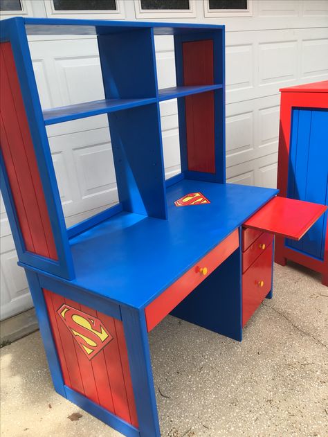 Superman furniture Mission Style Bedroom Furniture, Superman Bedroom, Superman Room, Bday Pictures, Boys Playhouse, Postcard Rack, Toy Story Room, Boy Room Themes, Comic Room