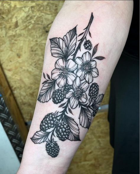 Blackberry Forearm Tattoo, Berry Sleeve Tattoo, Blackberry Blossom Tattoo, Berry Tattoo Black And White, Raspberry Flower Tattoo, Blackberry Tattoo Sleeve, Blackberry Plant Tattoo, Black Berries Tattoo, Fruit Sleeve Tattoo