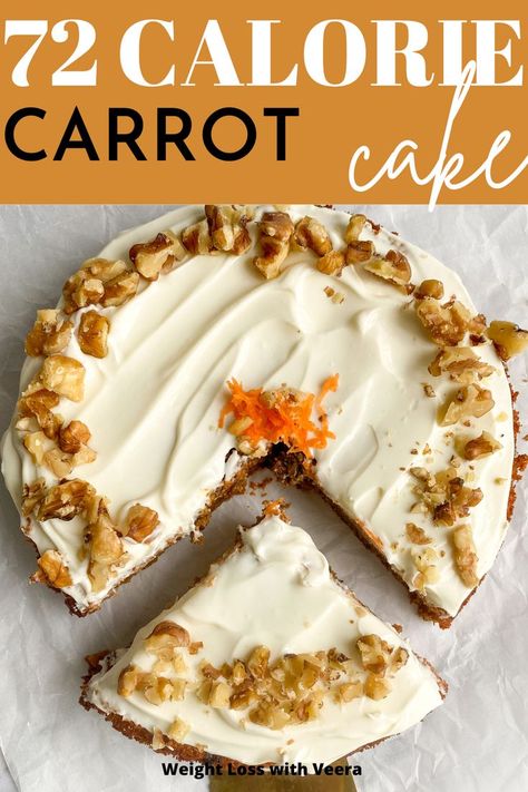 Simple, fluffy and moist carrot cake with a silky smooth frosting for just 72 calories a slice! Low Calorie Carrot Cake, Low Calorie Cake Recipes, Low Calorie Sweets, Carrot Cake Recipe Healthy, Low Calorie Cake, Moist Carrot Cake, Healthy Carrot Cake, Cake Calories, Healthy Carrot Cakes