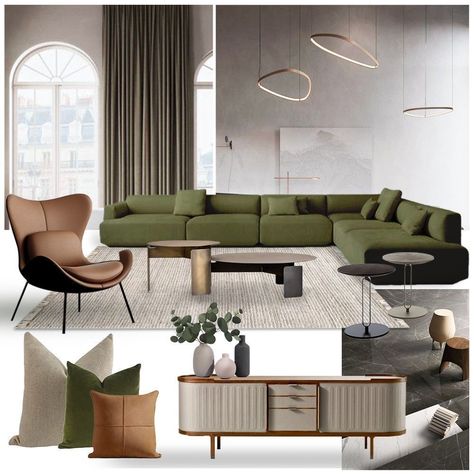 Interior With Green Sofa, Green Dark Brown Living Room, Khaki And Grey Living Room, Green Color Sofa Living Rooms, Green Beige Color Palette Living Room, Black Green And Tan Living Room, Green Grey Living Room Colour Palettes, Contemporary Green Living Room, Olive Green And Tan Living Room