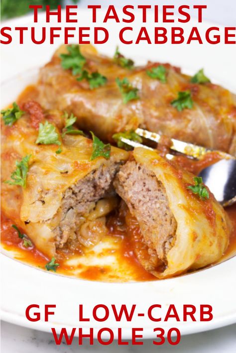 Learn how easy it is to make the tastiest healthy ground beef stuffed cabbage rolls with step by step photos. You're going to love this dish! gluten-free, Whole 30, Paleo, Low-Carb, Keto  from Gluten Free Homestead #comfortfood #recipe #keto #lowcarb #glutenfree #stuffedcabbage Stuffed Cabbage Rolls, Healthy Ground Beef, Stuffed Cabbage, Keto Diet Menu, Cabbage Rolls, Cabbage Recipes, Whole 30 Recipes, Whole 30, Keto Dinner