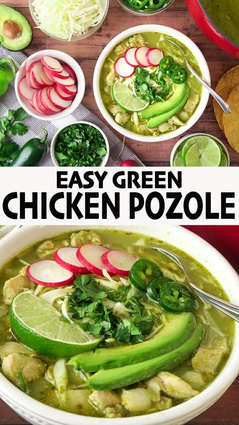 An easy simplified version of Chicken Pozole Verde (Green Pozole). A comorting healthy Mexican stew, with chunks of chicken and hominy in a green chile broth! This Pozole is made on the stove all in one pot! But, you can also make it in the Instant Pot or Crock Pot (instructions included). Click for the full detailed recipe and video! #mexicanfoodrecipes #chickenrecipe #stew #easyrecipe #glutenfreerecipes #healthyfood Green Chicken Pozole Recipe Crock Pot, Authentic Green Pozole Recipe Chicken, Green Posole Recipe, Green Chicken Pozole, Chicken Pozole Verde, Posole Recipe Chicken, Chicken Pozole Recipe, Green Pozole, Chicken Pozole