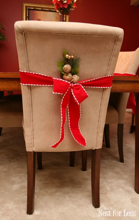 Chair Decorations Christmas, Parson Chair Covers, Christmas Kitchens, Diy Chair Covers, Christmas Chair Covers, Party Chairs, Christmas Chair, Wrought Iron Patio Chairs, Christmas Apartment