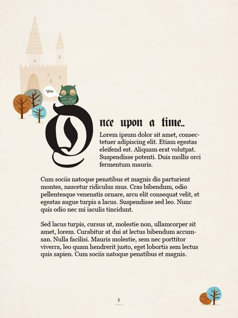 Create the First Page of a Fairy Tale Story Book, with a Hint of Kitsch - Tuts+ Design & Illustration Tutorial Editorial Typography, Drop Cap Design, Fairy Tale Story, Children's Book Layout, Cartoon Character Illustration, Magazine Layout Inspiration, Jessica Hische, Fairytale Stories, Drop Cap