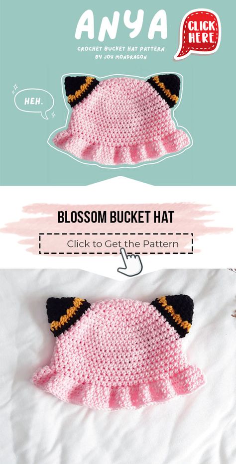 Crochet Ideas For Sell, Crochet Anya Forger Hat, Anya Crochet Pattern, Anya Bucket Hat Crochet, Anya Crochet Hat, Crochet Anya Forger, Anime Crochet Bucket Hats, Crochet Projects Anime, Easy Anime Crochet