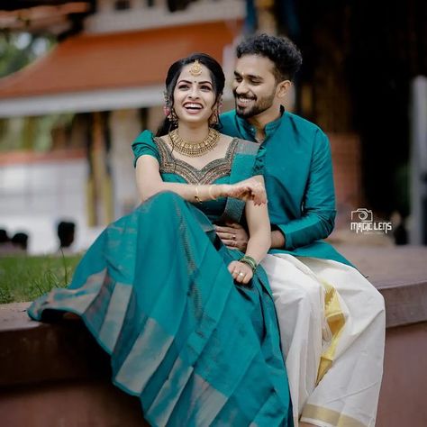 Engagement Traditional Outfits, Save The Date Dress Ideas Kerala Modern, Hindu Engagement Look, Hindu Engagement Dress Kerala, Kerala Reception Dress For Couples, Kerala Engagement Dress Hindus, Engagement Dress In Kerala, Kerala Traditional Engagement Dress, Kerala Engagement Dress Hindus Couple