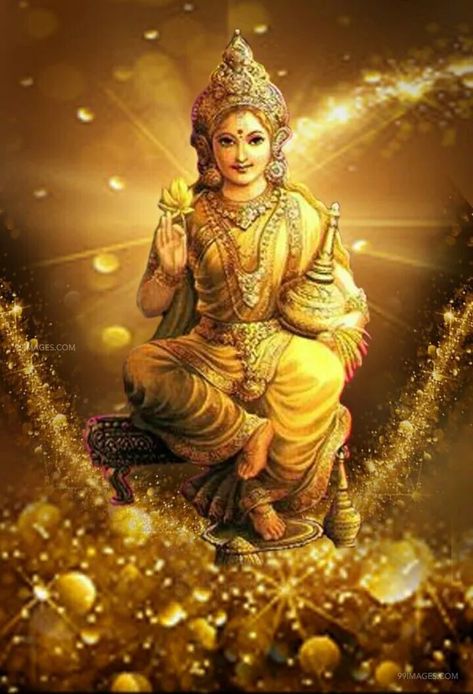 Download Goddess Lakshmi Gold Aesthetic Hd Wallpaper | Wallpapers.com Arte Yoga, Saraswati Goddess, Indian God, Shakti Goddess, Durga Images, Lakshmi Images, Lord Shiva Family, Indian Goddess, Lord Ganesha Paintings