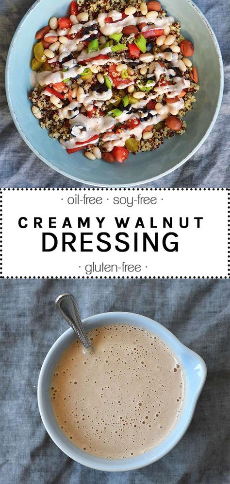 This creamy walnut dressing is not only easy and fast to prepare but also ridiculously delicious. You will love its delicate nutty flavor and lovely creaminess. It´s vegan, oil-free, gluten-free and soy-free. #walnuts #dressing #walnut #walnutdressing #oilfreedressing #salad #saladdressing #vegan #glutenfree #soyfree #oilfree | thebrightbird.com Vegan Salad Dressing Recipes, Oil Free Salad Dressing, Walnut Dressing, Piercings Nose, Vegan Coleslaw, Vegan Salad Dressing, Vegan Dressing, Healthy Dinner Options, Salad Dressing Recipes Homemade