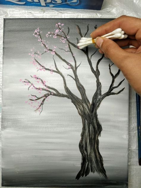 Painting A Tree, Cherry Blossom Painting Acrylic, Tre Kunst, Cherry Blossom Painting, Cherry Blossom Art, Canvas Painting Tutorials, Easy Canvas Painting, Blossoms Art, Cotton Swabs