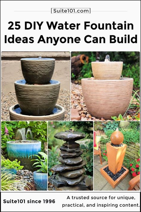 25 DIY Water Fountain Ideas to Beautify Your Garden Diy Pot Fountain How To Make, Small Yard Fountain Ideas, Simple Water Fountains Outdoor, Mid Century Modern Water Fountain, Diy Plant Pot Water Feature, Water Fountain Planter Garden Ideas, Indoor Water Garden Fountain, Outdoor Diy Fountain Ideas, Diy Wall Water Feature