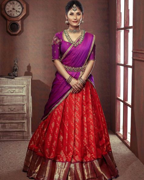 Pattu Lehanga Designs Latest, Pattu Lehanga Designs, Lahanga Design Latest, Lahanga Design, Lehenga Saree Design, Half Saree Lehenga, Wedding Lehenga Designs, Lehenga Designs Simple, Wedding Blouse Designs