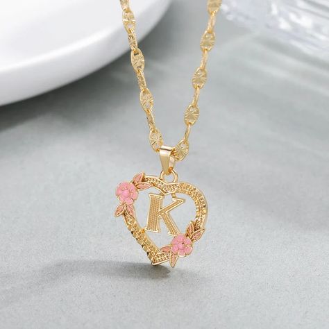 Customized Heart Initial Necklace - Personalized A-Z 26 Letter Pendant in Gold Plated Jewellery for Women, Ideal Christmas Gift | Free Ship Rose Gold Initial Necklace, Heart Initial Necklace, Initial Heart Necklace, Initial Necklace Silver, Shiny Jewelry, Necklace Chain Types, Custom Initial Necklace, Letter Pendant Necklace, Heart Shaped Necklace