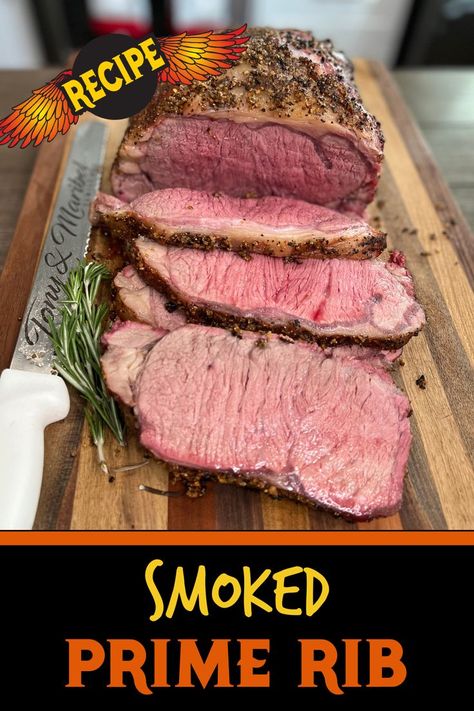 The picture shows a smoked prime rib being sliced Delicious Grill Recipes, Smoked Prime Rib Roast, Pellet Smoker Recipes, Smoked Prime Rib, Prime Rib Roast Recipe, Grilled Beef Recipes, Outdoor Cooking Recipes, Rib Roast Recipe, Easy Grilling Recipes