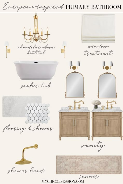 Master Bath Entry Doors, French Master Bath Ideas, Small Secondary Bathroom Ideas, Whitney Parkinson Bathroom, Spa Bathroom Mood Board, Modern Traditional Bathroom Design, Cottage Master Bath Ideas, French Vanity Bathroom, Bathroom Free Standing Bath