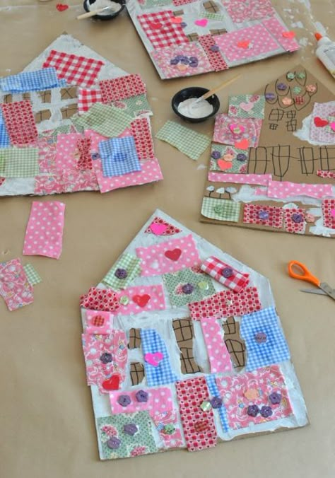 Children make patchwork houses from cardboard and fabric scraps. House Art For Kids, Art Activity, House Art, Cardboard Crafts, Preschool Art, Classroom Themes, Art Club, Crazy Quilts, Toddler Crafts