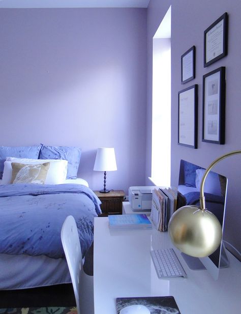 Ashley's Chic & Funky Loft, bedroom, lavender and gold Light Blue And Purple Room, Blue Purple Room, Blue And Purple Bedroom, Periwinkle Bedroom, Light Purple Room, Space Paintings, Therapy Photo, Lavender Bedroom, Purple Bedroom Decor