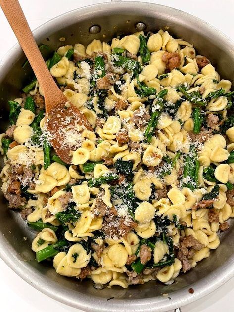 Spicy Sausage Orecchiette, Rapini Sausage Pasta, Sausage And Rapini Pasta, Pasta With Rapini, Orchetta Pasta With Sausage, Rapini Recipes Italian, Orrechiette Recipes Italian Sausages, Orchetta Pasta Recipes, Rapini Pasta Recipe