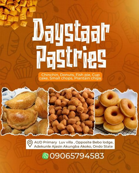 Daystaar Pastries flyer design Do you like this? #graphics #graphic #design #tips #graphicdesign #graphicdesigner #flyerdesign #flyerdesigner #flyer Pastries Flyer Design, Fish Pie, Plantain Chips, Graphic Design Tips, Design Tips, Flyer Design, Donuts, Pastry, Chips