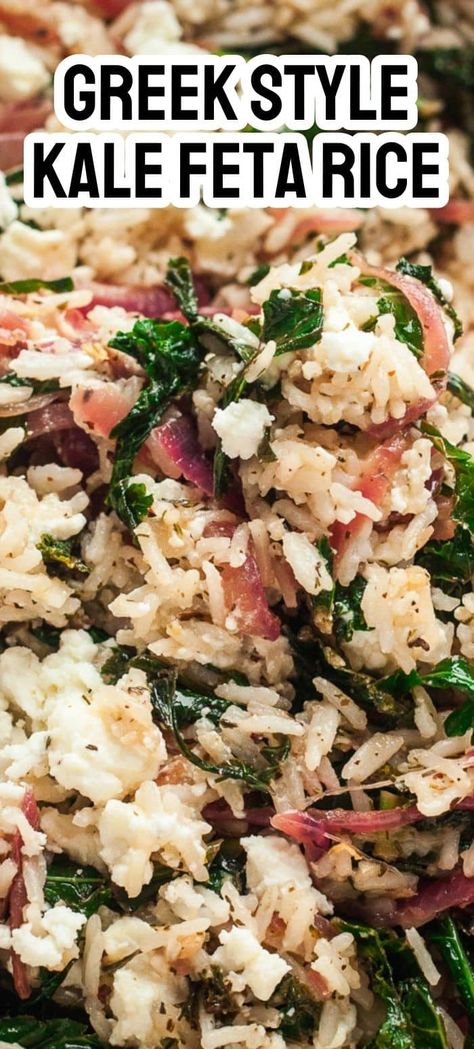 Vegetarian Recipes With Kale, Rice With Feta Cheese, Kale Rice Recipes, Rice And Kale Recipes, Mediterranean Side Dishes, Kale And Rice, Recipes With Kale, Mediterranean Rice Recipe, Feta Rice