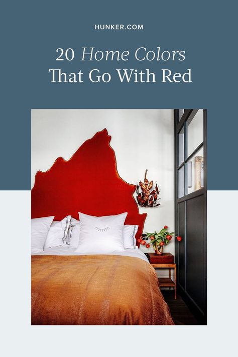 Ahead is an array of inspired colors that go with red and the lessons we've learned from each. #hunkerhome #reddecor #redhomedecor #redwallideas Red Accent Furniture, Decorating With Red Accents, Colors That Compliment Red, What Color Goes With Red, Red Walls Bedroom, Colors That Go With Red, Decorating With Red, Office Color Palette, Red Wall Paint