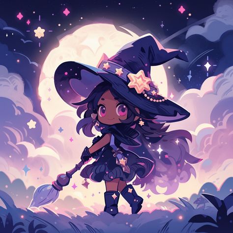 Moon Witch Art, Kawaii Witch Aesthetic, Cute Witch Art, Purple Witch, Anime Witch Outfit Design, Cute Witch Outfits Drawing, Kawaii Witch, Chibi Witch, Cute Witch