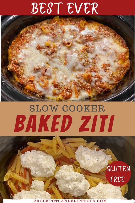 Bake Ziti Crockpot, Crockpot Gluten Free Pasta, Ziti In The Crockpot, Crockpot Italian Pasta Recipes, Ziti Recipes Crockpot, Gluten Free Pasta Crock Pot Recipes, Crockpot Lasagna Pasta, Crockpot Ricotta Pasta, Baked Ziti Recipe Crockpot