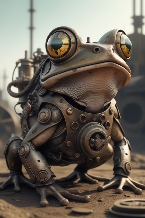 a large metal mechanical frog, digital painting Steel Defender, Insect Pictures, Frog Species, Pictures Of Insects, Mechanical Animals, Downward Spiral, Frog Prince, A Frog, Frog And Toad