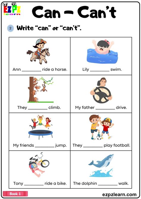 Can/Can't Complete the Sentences Grammar Worksheet pdf Can Can't Worksheets For Kids, I Can I Can't Worksheet For Kids, Can And Can't Worksheet, Complete The Sentences Worksheet, Can Worksheet, English Games For Kids, Sentences Worksheet, Modal Verbs, Basic English Sentences