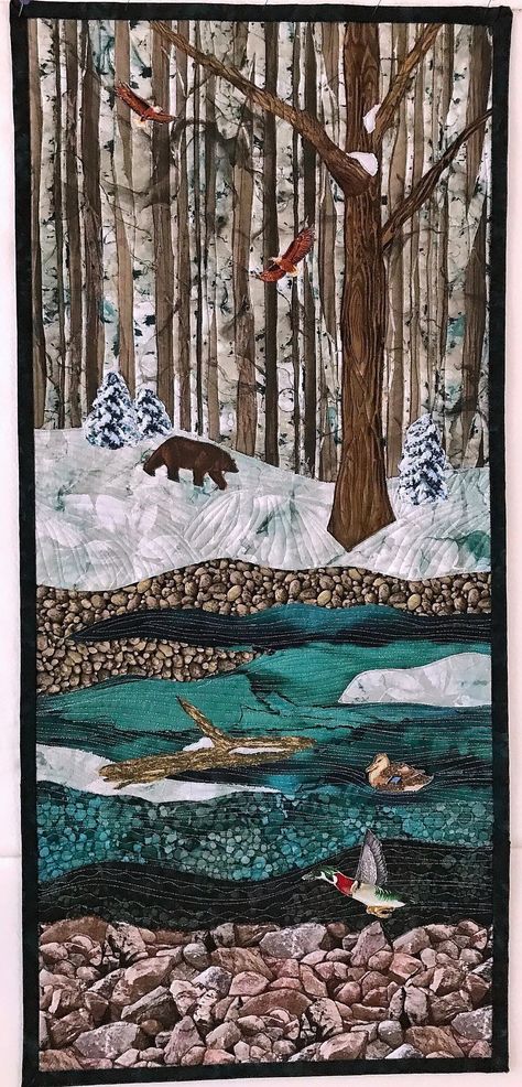 "Landscape Quilt, Art Quilt, Eagles, Bear, Ducks, Snow, Forest, Winter. \"Where Eagles Fly\" is a one-of-a-kind quilted wall-hanging of my original design. My quilts are never repeated. The majority of the quilting was done in free-motion stitching on raw-edged applique. The rich texture of the quilting is hard to capture in a photo, but see last photo to get an idea. The quilt is signed on the back and a hanging-sleeve is attached. All of my quilts come from a non-smoking, no-pets-allowed studi Forest Quilt, Watercolor Quilt, Sheboygan Wisconsin, Landscape Art Quilts, Mountain Quilts, Applique Art, Snow Forest, Landscape Quilt, Fiber Art Quilts