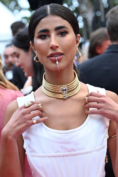 Lebanese actress Laila Abdallah was stunning during the Cannes Film Festival, with the Divine Enigma High Jewelry necklace, rings and earrings, Golden Shield lip jewel and Move Iconica hand bracelet. #Messika #Cannes2023 #CannesFilmFestival #LailaAbdallah Lebanese Jewelry, High Jewelry Necklace, Earrings Golden, Hand Bracelet, Cannes Film Festival, The Divine, High Jewelry, Jewelry Necklace, Maltese