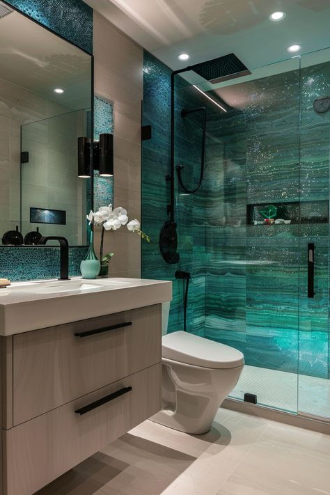 Tour a Luxe Modern Bathroom: Sparkling Turquoise Tiles & Sleek Fixtures Turquoise Tile Bathroom Ideas, Teal And Wood Bathroom, Modern Turquoise Bathroom, Bathroom With Turquoise Tile, Aqua Tile Bathroom, Bathroom Tiles Design Ideas Color Schemes, Aqua Bathroom Tile, Turquoise Tile Bathroom, Aquamarine Bathroom