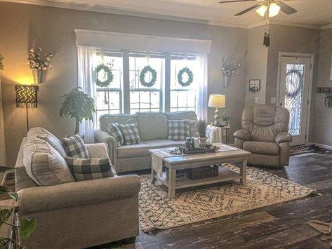 #livingroomideas #livingroomdecorideas #livingroomhacks Sectional Living Room Layout Farmhouse, Farmhouse Living Room Double Wide, Rancher Living Room Ideas, Formal Farmhouse Living Room Ideas, 3 Piece Living Room Sets Layout, Farmhouse Living Room Dark Floors, Couch Sets Living Room, Farmhouse Couches Living Room, Small Living Room Farmhouse Style