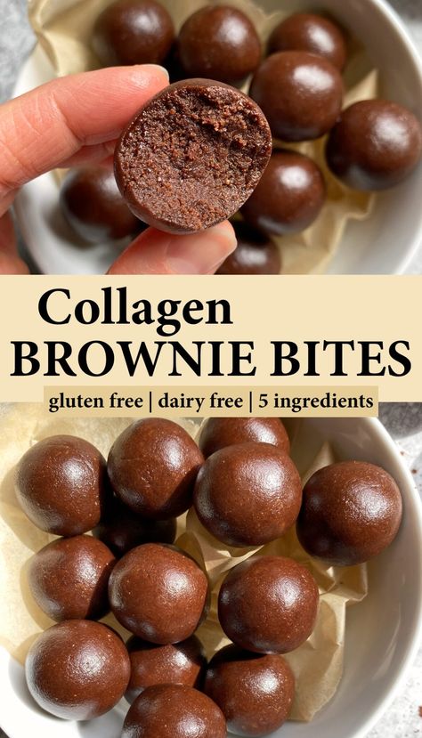 These 5 ingredient collagen brownie bites are soft and chewy with a rich chocolate flavor. They're made with collagen peptides, almond butter and lightly sweetened with maple syrup. These collagen balls are a great protein packed snack or dessert you can stash in the fridge and enjoy throughout the week. Real Food Desserts Clean Eating, Natural Protein Balls, Gf Df Protein Snacks, Smores Protein Bites, Collegian Rich Foods, Brownie Protein Bites, Cookie Butter Energy Balls, Low Carb Protein Bites, Clean Eating Protein Snacks