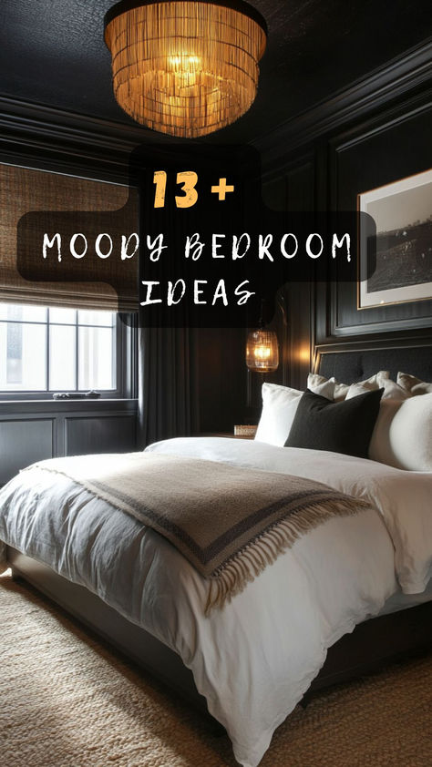 Ready for a bedroom makeover? Click to discover 13 moody bedroom ideas that will transform your space into a stylish sanctuary. 🌑🛏️ #BedroomMakeover #MoodyInteriors #HomeStyle #DecorTips #StylishSleep Classic Moody Bedroom, Decadent Bedroom Ideas, Luxury Bedroom Ideas Classy, Moody Bedroom Dark Ceiling, Sultry Master Bedrooms Decor, Black Contrast Wall Bedroom, Moody Color Palette Master Bedrooms, Dark Ceilings Bedroom, Bedroom Color Schemes Dark Wood