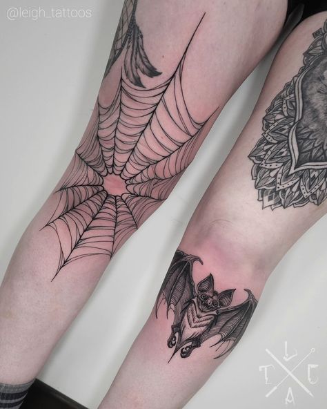 Lil gothic bat and spider Web knee tattoos @grimoiretattoo_ 🔸️For all bookings and enquiries, please contact me by DM. . Check out my work and portfolios: 🔹️@leigh_tattoos 🔹️@leighs_tinytatts . 🔸️Sponsored by: ▪️@miixa100tequila 🔹️@heliostattoo 🔹️@h2oceanloyalty #Lancaster #lancastertattoo #lancastertattooartist #killerink #kneetattoo #battattoo #spiderwebtattoo #bat #spiderweb Spiderweb Rib Tattoo, Bat Tattoo On Leg, Bat Lower Back Tattoo, Bat Shin Tattoo, Bat Under Knee Tattoo, Bat Tattoo Leg, Pink Spider Tattoo, Bat Leg Tattoo, Gothic Knee Tattoo