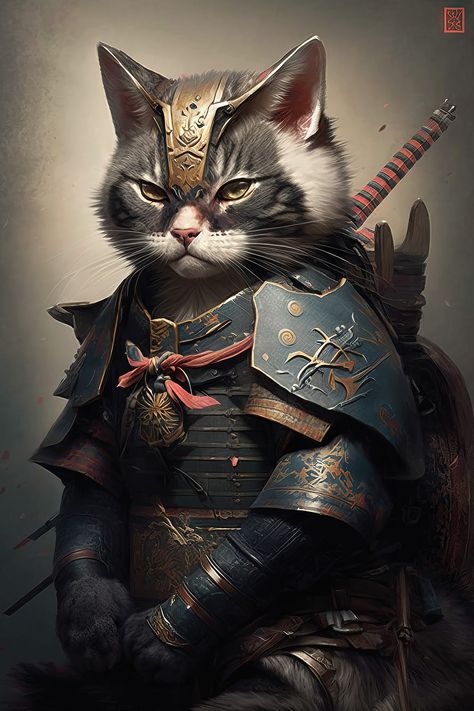 Cat Warrior, Cubist Art, Japanese Folklore, Japanese Cat, Image Chat, Cat Art Print, Samurai Warrior, Mythical Creatures Art, Cat People