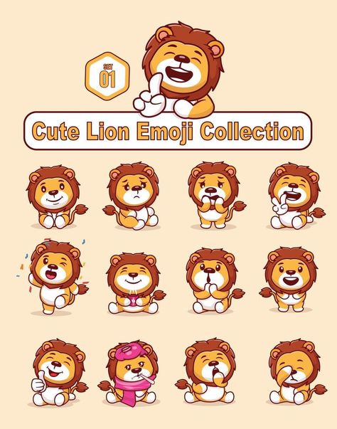 Lion Chibi, Lion Character Design, Lion Emoji, Character Emoji, Lion Clipart, Lion Mascot, Lion Images, Emoji Art, Vector Food