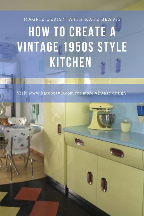 HOW TO CREATE A VINTAGE 1950S STYLE KITCHEN Kate Beavis is a vintage expert, blogger, writer and speaker on homes, fashion and weddings #vintage #yourvintagelife #vintagehome #vintagexpert #vintagefashion 50’s Kitchen, 1950’s Kitchen, Pantry Larder, 1950 Kitchen, Vintage 1950s Kitchen, Decorate Cubicle At Work, Modern Retro Kitchen, Fall Entryway Decor, 1950s Home Decor