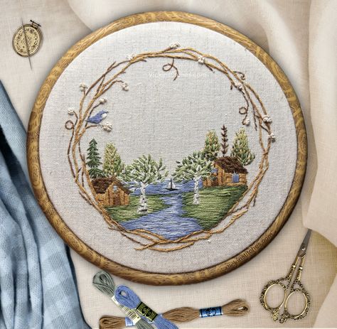 Cabin lake embroidery kit for beginners. Nature woodland  landscape embroidery pattern & complete kit. Beginner embroidery kit. 8" wall decor.  This beautiful  embroidery kit features a cabin alongside a lakeside forest nestled within the twigs of a grapevine wreath.    The design is particularly detailed and includes many many close up pictures to help you in your step by step stitching journey.   It is designed to  fit into an  8" hoop.  This modern  embroidery hoop design kit comes with everything you need including needle, preprinted fabric , full set of threads, basic stitch guide, full set of instructions, full-sized pattern, and hoop that can be used for stitching and framing (optional). All of my designs are original and are not imports. I use only high-quality colorfast threads an Woodland Embroidery Pattern, Bridgerton Embroidery, Embroidery Patterns Beginner, Lake Embroidery, Embroidery Art Modern, Spring Cabin, Woodland Embroidery, Painted Embroidery, Cabin By The Lake