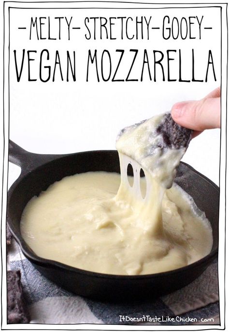 Ooey, gooey, stretchy, melty, where have you been all my life, vegan mozzarella. I’m pretty sure I just made all my vegan dreams come true. I made this recipe four times this week, FOUR. That’s how amazing this is. Use anywhere you would like a vegan mozzarella (which is everywhere)! #itdoesnttastelikechicken Vegan Cheese Recipes, Vegan Mozzarella, Like Chicken, Dairy Free Cheese, Queso Dip, Vegan Sauces, God Mat, Raw Cashews, Ooey Gooey