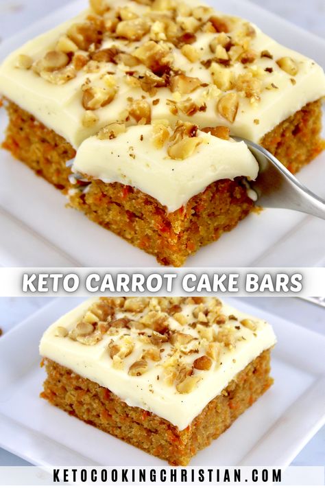 These dreamy Keto Carrot Cake Bars have a tender and moist cake, baked with warm spices and shredded carrots, then topped with a creamy vanilla frosting. #ketodesserts #ketocarrotcakebars #lowcarbdessert Creamy Vanilla Frosting, Keto Carrot Cake, Carrot Cake Dessert, Low Carb Carrot Cake, Sugar Free Carrot Cake, Cake Bars Recipe, Carrot Cake Bars, Sugar Free Recipes Desserts, Low Carb Low Fat Recipes