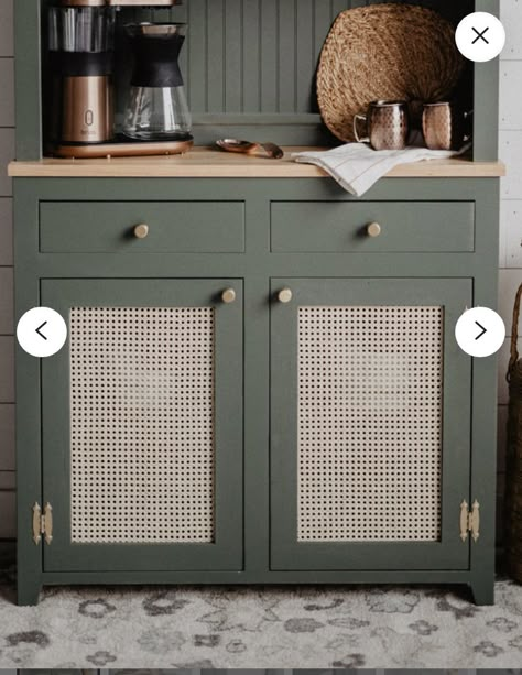 Green Rattan Cabinet, Green Buffet Cabinet, Upcycled Desk, Cane Cabinet, Green Cabinet, Dining Room Furniture Design, Refinishing Furniture Diy, Living Room Decor Gray, House Decor Modern