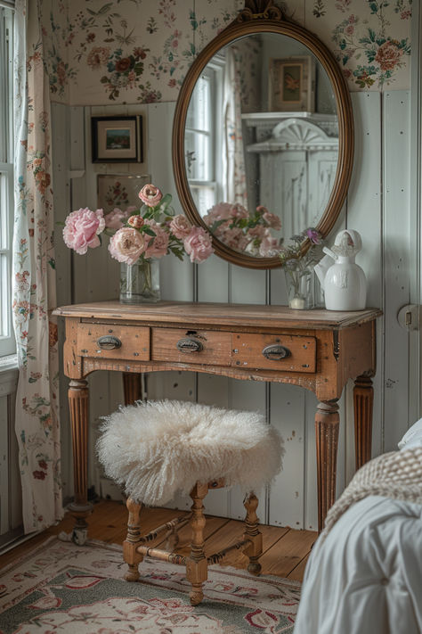 vintage farmhouse bedroom, neutral bedroom, vintage bedroom, farmhouse bedroom, bedroom inspo Vintage French Bedding, Bedroom Pillar Decor, Antique Ideas For Home, Pink Shabby Chic Bedroom French, Vintage Teen Girl Bedroom, Vintage Flower Bedroom, Fancy Vintage Bedroom, Vintage Rustic Bedroom Ideas, Rustic French Farmhouse Decor