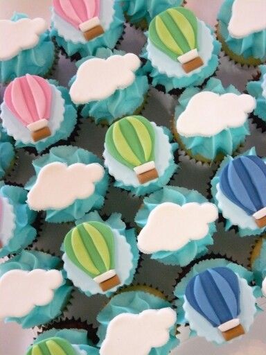 Hot air balloon cupcakes Boy Birthday Cupcakes, Hot Air Balloon Party Theme, Hot Air Ballon Party, Birthday Cupcakes Boy, Hot Air Balloon Cake, Balloon Cupcakes, Hot Air Balloon Party, Cupcakes For Boys, Adventure Baby Shower