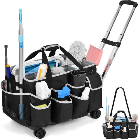 PRICES MAY VARY. [Large Capacity] The housekeeping cart bag is crafted with heavy duty nylon for durability, size is 11.4”x11”x19.7”, weight is 8lb. The main compartment with 1 bottom pad and 4 additional pads (can be adhibited and stripped off) to maximize storage space. [Multiple Outside Pockets] With 7 front pockets, 4 back pockets, 2 side pockets, all of which can provide more storage space for cleaning supplies such as various brushes, gloves, cleaning bottles, wet rag, etc. And the rolling Best Cleaning Products Housekeeping, Travel Cleaning Supplies, Housekeeping Cart, Carts On Wheels, Gloves Cleaning, Luxury Cleaning, Cleaning Tools Organization, Cleaning Bottles, Cleaning Cart