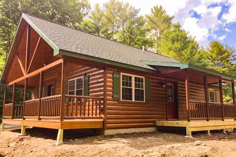 a settler log cabin for sale built by zook cabins Log Cabin Modular Homes, Zook Cabins, Prefab Tiny House Kit, Bungalow Cabin, Prefab Log Homes, Cabin Quote, Log Cabin Mobile Homes, Prefab Log Cabins, Pre Built Cabins