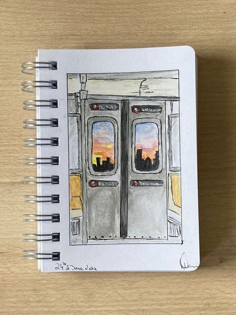 Subway Sketch Drawings, New York Sketchbook, City Watercolor Painting Easy, Nyc Watercolor Painting, Nyc Doodles, Nyc Sketch, Subway Sketch, New York Watercolor Painting, Subway Drawing